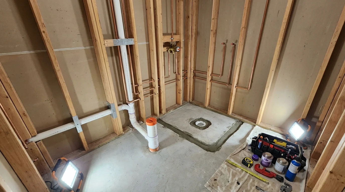 Bathroom rough-in plumbing during remodel by Johns Plumbing LLC in Glassboro