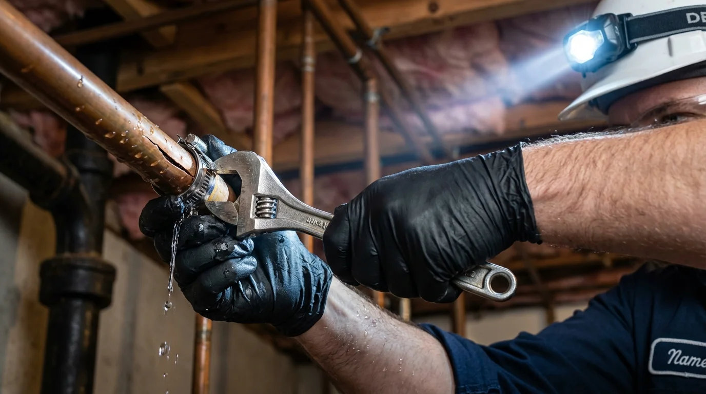 Emergency pipe clamp repair being performed by a Johns Plumbing LLC plumber in Glassboro