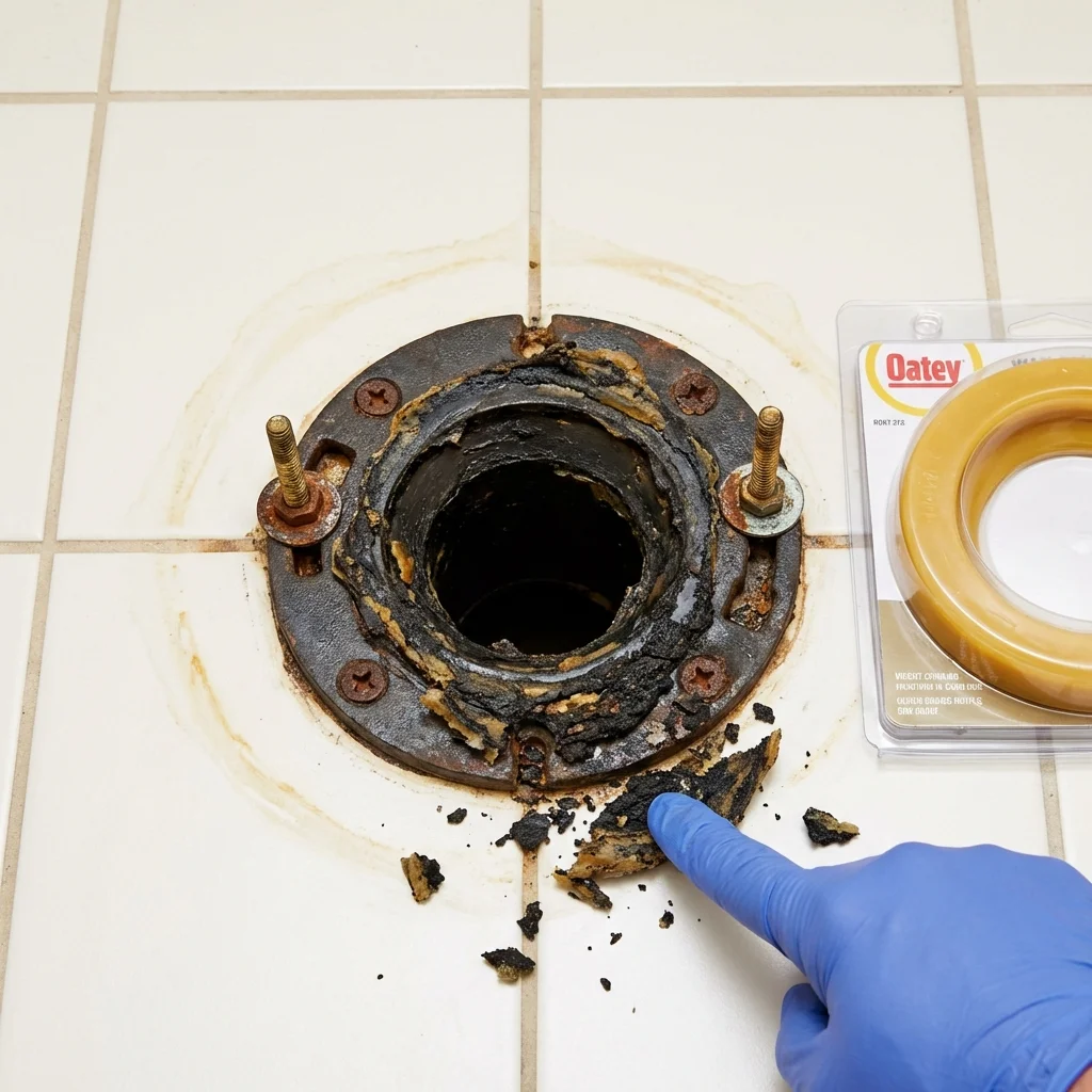 Failed wax ring showing water seepage at the base of a toilet in a Glassboro, NJ home