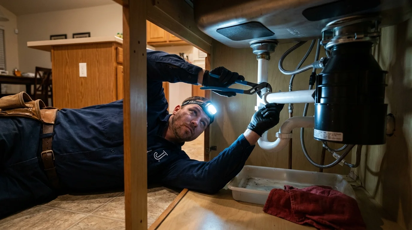 P-trap and supply line connections under a kitchen sink showing a common leak point in Glassboro, NJ